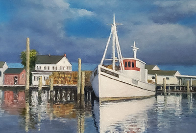 Oil painting by Tim Long from a photograph by Jay Fleming Photography, boat at dock with clouds